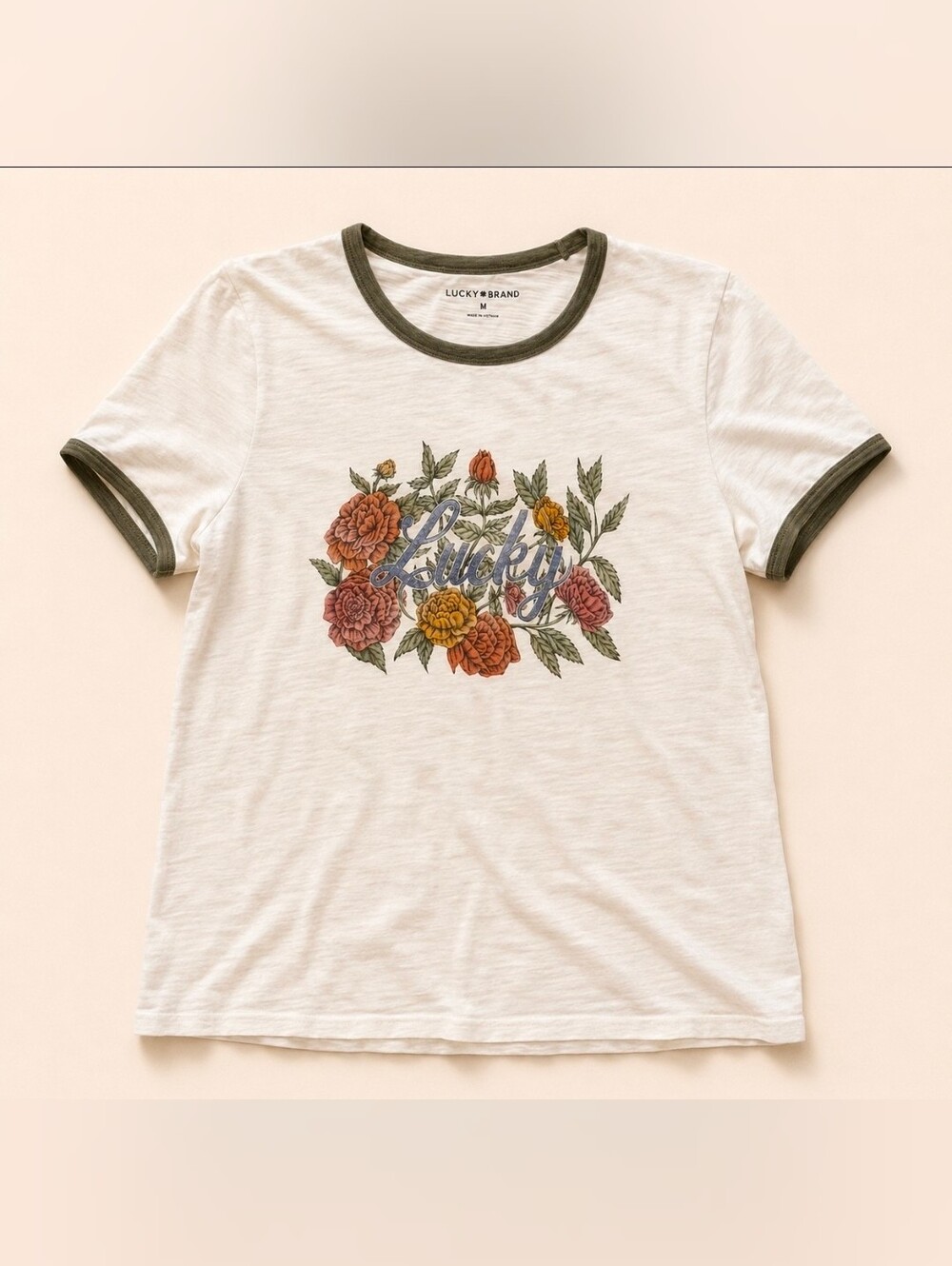 Lucky Brand Floral Lucky Graphic Ringer T-Shirt Women’s Medium